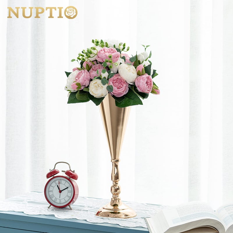 NUPTIO Tabletop Metal Wedding Flower Trumpet Vase Table Decorative Centerpiece Artificial Flower Arrangements for Anniversary Ceremony Party Birthday Event Aisle Home Decoration (10 x M, Gold) - Image 3
